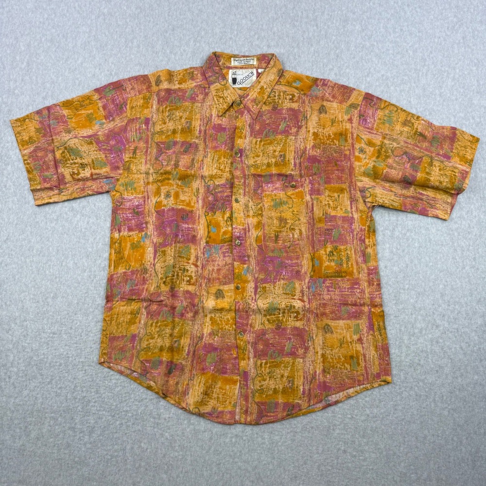 Vintage Goouch Shirt Mens Large Orange Abstract Button Up Short Sleeve Rayon
